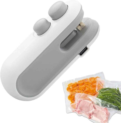 Mini Portable Sealing machine showing Fruit, Vegetable and Meat sealed storage bags