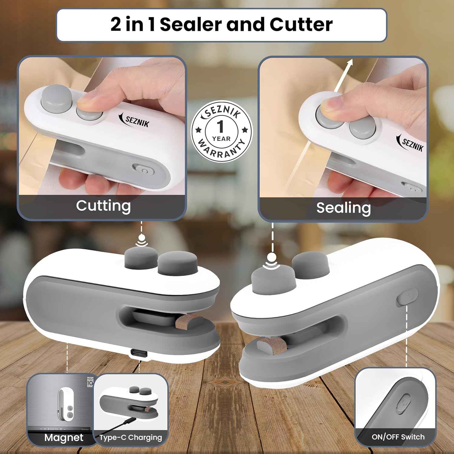 Portable Sealing Machine - 2-in-1 Sealer and Cutter with Easy One-Button Operation, Cutting, Sealing, On/off switch Magnet, Type-C Charging