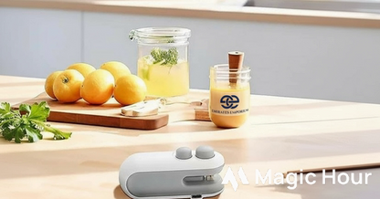Portable Sealing Machine on Kitchen Counter Shelf with Jars and Lemons