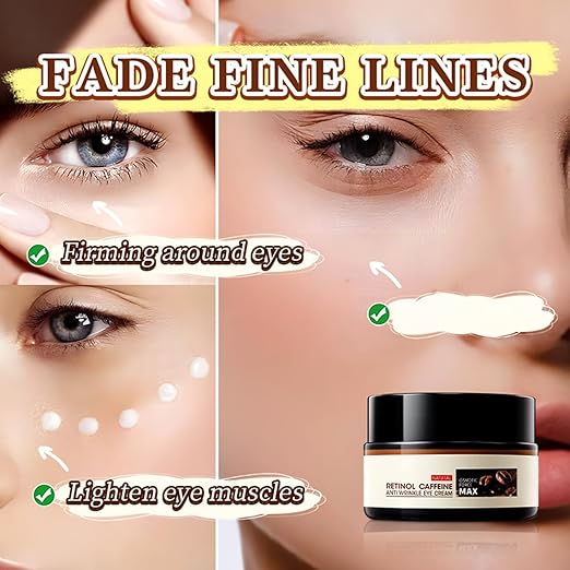 Retinol Caffeine Eye Brightening Cream – Anti-aging eye cream that improves wrinkles, reduces dark circles, puffiness, and fine lines while deeply hydrating and restoring skin’s natural barrier. Formulated with retinol, caffeine, and plant-based ingredients for rejuvenated, youthful-looking eyes, skin Fade to Fine Lines with firming around eyes and lighten eye muscles