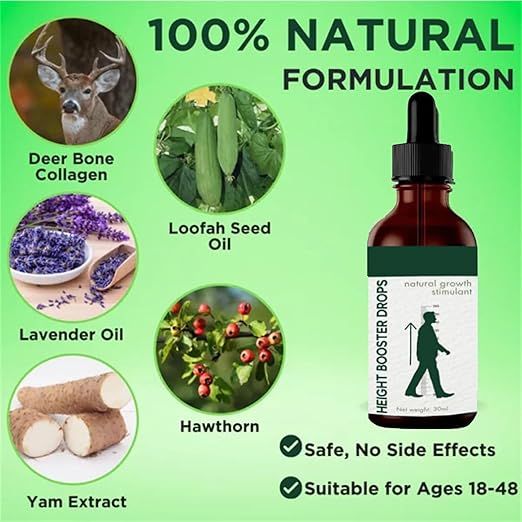 Height Booster Drops 30ml – 100% natural growth supplement, Deer Bone Collagen, Loofah Seed Oil, Lavender Oil, Hawthorn, yam Extract, No Side Effects, Suitable for Ages 18-48, height increase, joint protection, and improved blood circulation; Safe to use,  delivering quick results and supporting bone line development