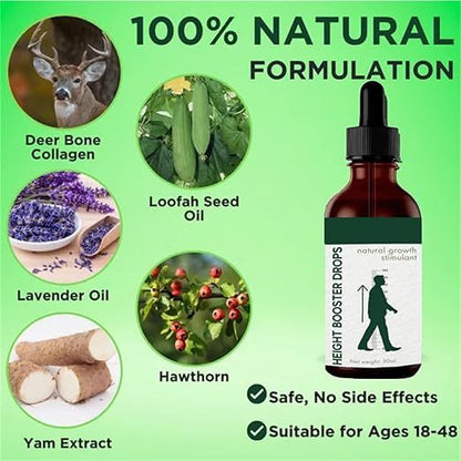 Height Booster Drops 30ml – 100% natural growth supplement, Deer Bone Collagen, Loofah Seed Oil, Lavender Oil, Hawthorn, yam Extract, No Side Effects, Suitable for Ages 18-48, height increase, joint protection, and improved blood circulation; Safe to use,  delivering quick results and supporting bone line development