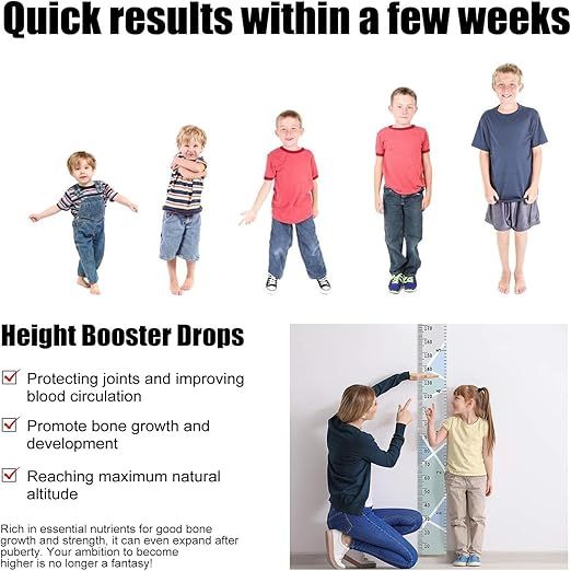 30ml Height Booster Drops bottle, Quick results within few weeks, featuring Deer Bone Collagen and Yam Extract, a natural growth supplement for adults aged 18-48 for height increase, joint support, and improved blood circulation