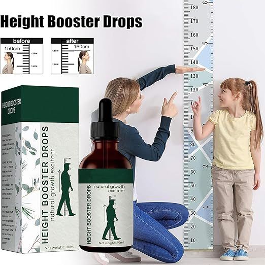 30ml Height Booster Drops bottle featuring Deer Bone Collagen and Yam Extract, a natural growth supplement for adults aged 18-48 for height increase, joint support, and improved blood circulation