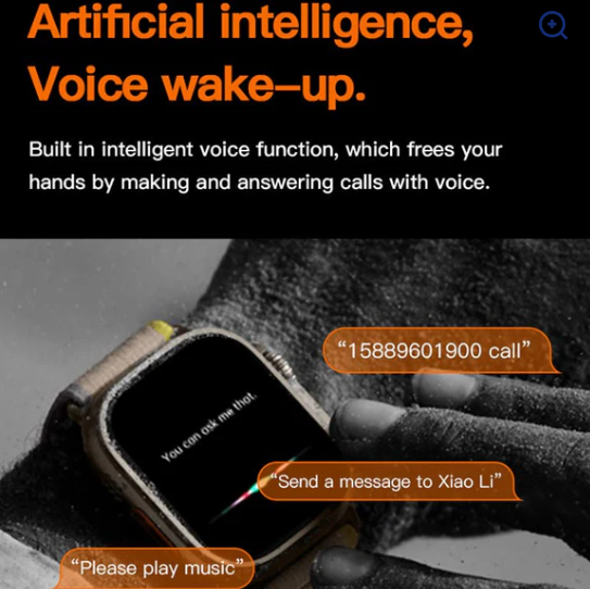 Smartwatch with voice commands displayed on screen, emphasizing artificial intelligence and voice wake-up feature.