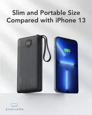 Black power bank next to a smartphone on a light gray background with text about size comparison.