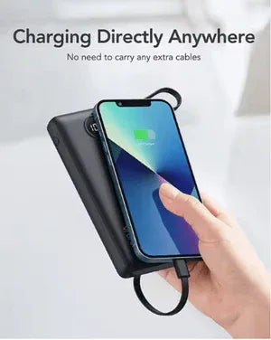 Hand holding a smartphone connected to a wireless charging pad with text 'Charging Directly Anywhere' on a light background.