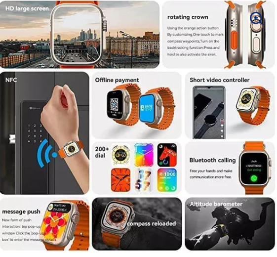 T800 Ultra Smartwatch 1.99" - Bluetooth Calls & Wireless Charging 
Smartwatch features including NFC, offline payment, and various functionalities on a collage.
