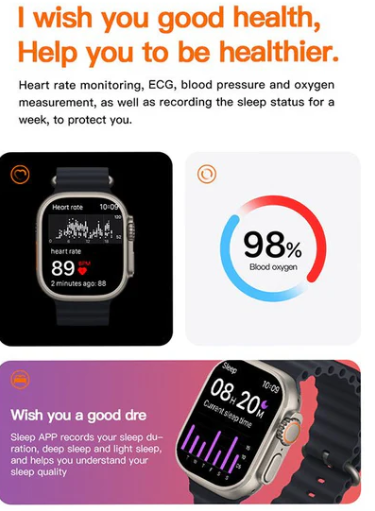 T800 Ultra Smartwatch 1.99" - Bluetooth Calls & Wireless Charging
Smartwatch with health monitoring features on a white background