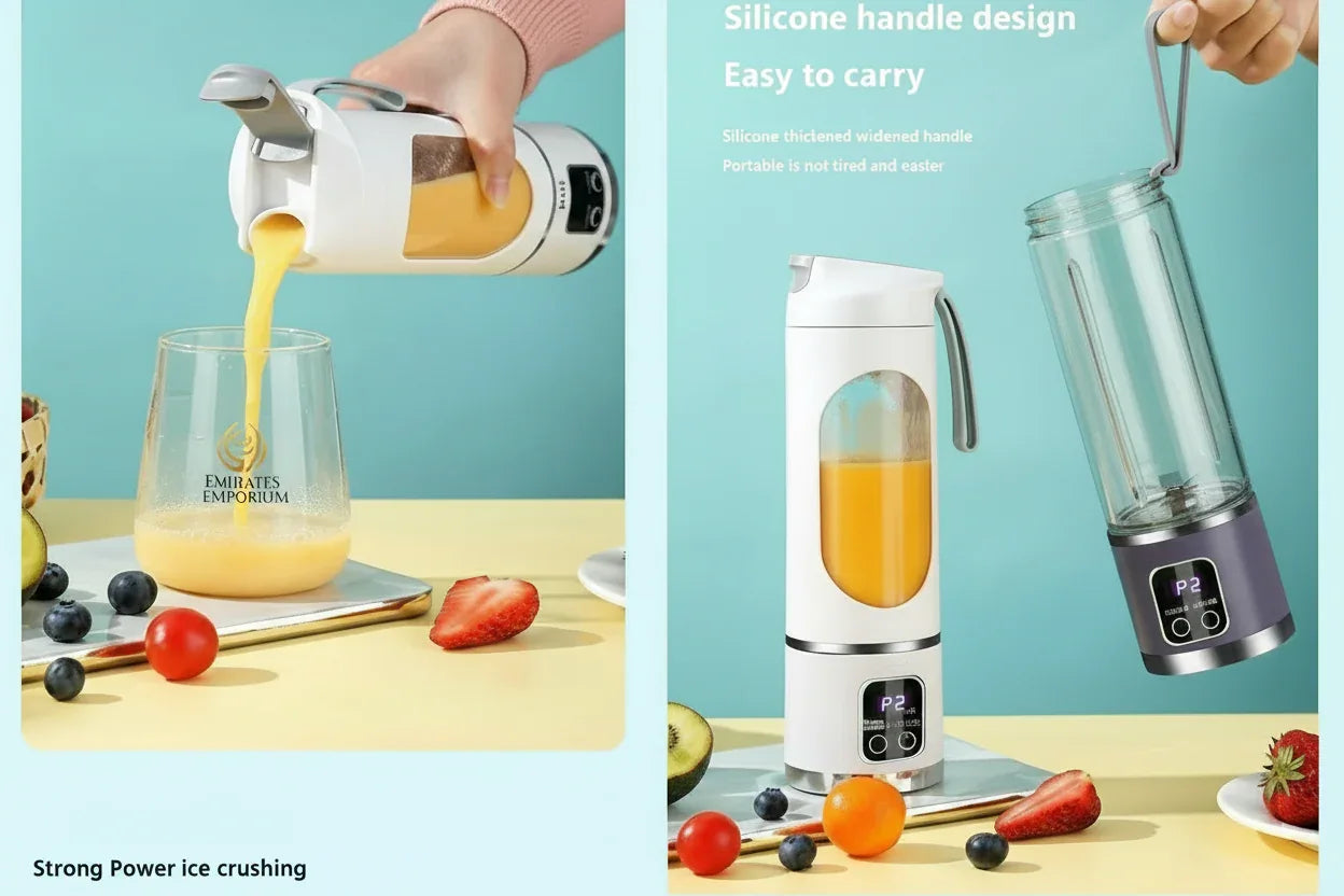 Portable blender being used to pour a smoothie into a glass with text highlighting features.