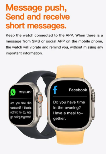 T800 Ultra Smartwatch 1.99" - Bluetooth Calls & Wireless Charging
 Two smartwatches displaying messages from WhatsApp and Facebook on a white background with text about message push functionality.