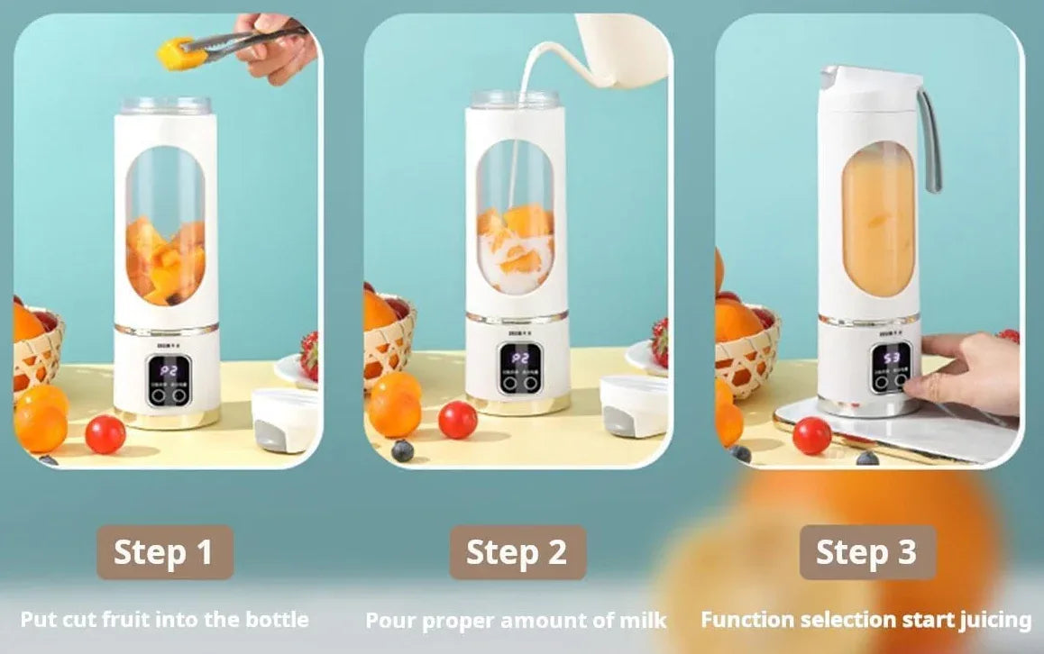 Step-by-step guide on making homemade juice using a portable blender.
