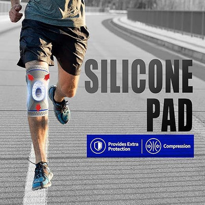 Adjustable knee support brace with compression sleeve, Provide Extra Protection, breathable fabric, and silicone stabilizer ring for joint pain relief, sports recovery, and injury protection – available in multiple colors