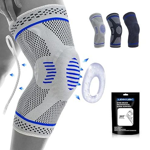 Adjustable knee support brace with compression sleeve, breathable fabric, and silicone stabilizer ring for joint pain relief, sports recovery, and injury protection – available in multiple colors 