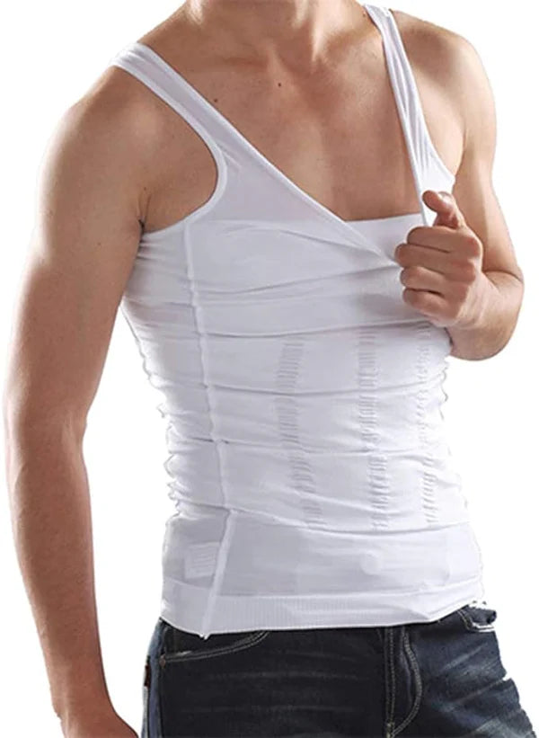 Men's Slim'N Lift Slimming Body Shaper Shirt in white, Flexible but smart fit, showing before-and-after results for torso compression and an instantly lean appearance