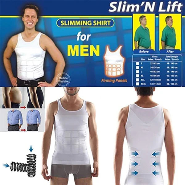 Men's Slim'N Lift Slimming Body Shaper Shirt in white, showing before-and-after results for torso compression and an instantly lean appearance