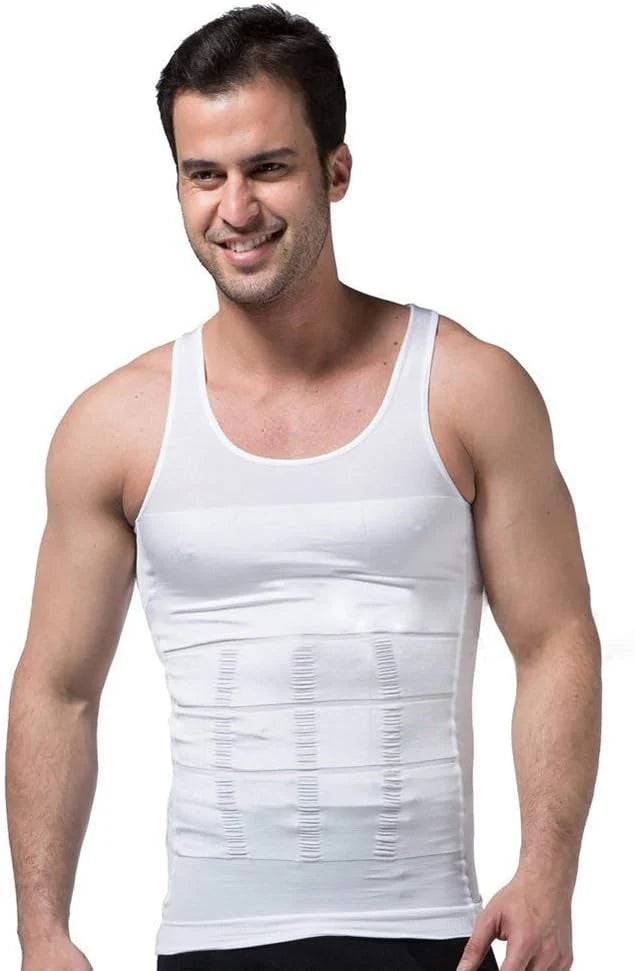 Men's Slim'N Lift Slimming Body Shaper Shirt in white, showing before-and-after results for torso compression and an instantly lean appearance