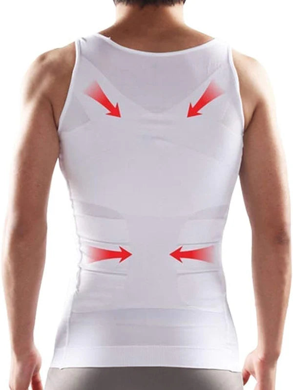 Men's Slim'N Lift Slimming Body Shaper Shirt in white, smart fit, showing before-and-after results for torso compression and an instantly lean appearance
