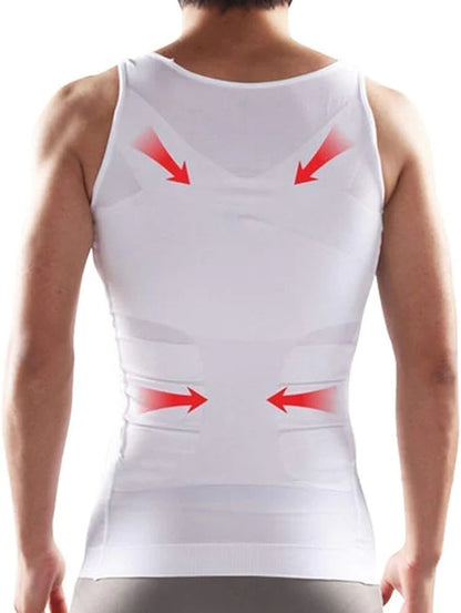 Men's Slim'N Lift Slimming Body Shaper Shirt in white, smart fit, showing before-and-after results for torso compression and an instantly lean appearance