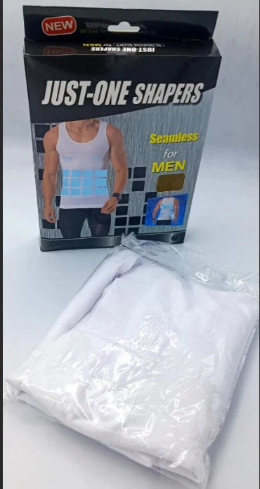 Men's Slim'N Lift Slimming Body Shaper Shirt in white, showing before-and-after results for torso compression and an instantly lean appearance
