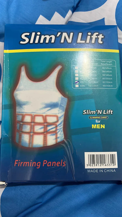 Men's Slim'N Lift Slimming Body Shaper Shirt in white, showing before-and-after results for torso compression and an instantly lean appearance