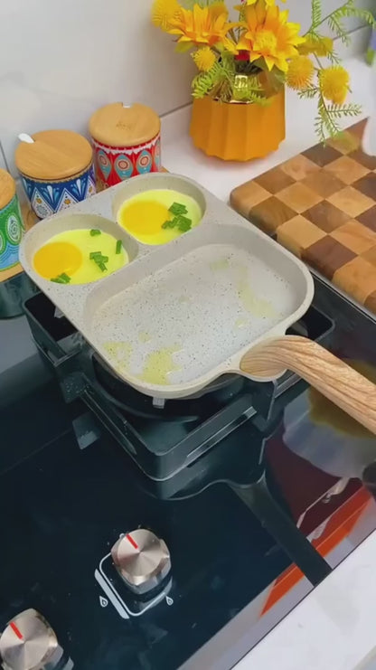 2-in-1 Non-Stick Frying Pan for smart and healthy Breakfast – Cook eggs, pancakes, vegetables, and more at the same time with a dual-compartment pan featuring an ergonomic wooden handle and non-stick surface for easy, fast, and healthy cooking