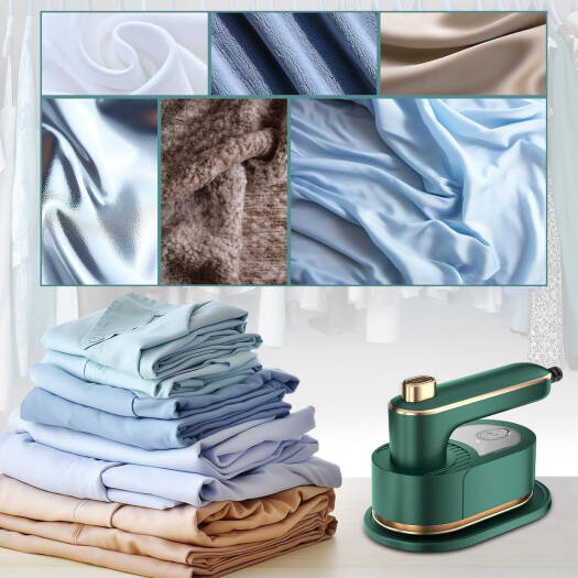 Stack of folded clothes with a fabric texture collage and a green iron on a white background