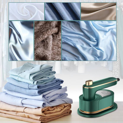Stack of folded clothes with a fabric texture collage and a green iron on a white background