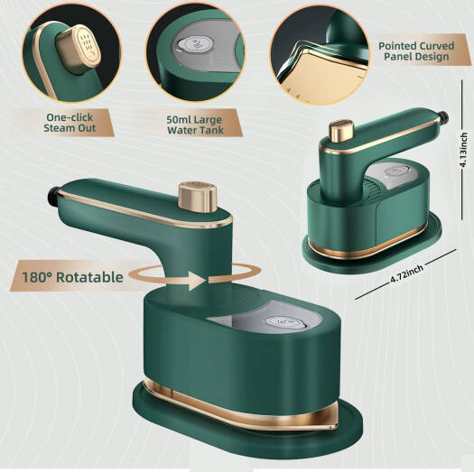 Green handheld steamer with gold accents on a light gray background, featuring details like water tank size and steam output.