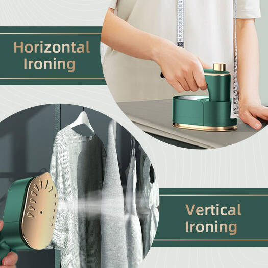 Person using a green and gold iron on a white shirt with text indicating 'Horizontal Ironing' and 'Vertical Ironing'.