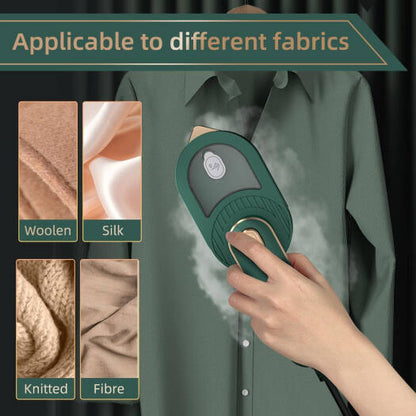 Hand holding a green handheld steamer over a shirt with fabric types shown below.