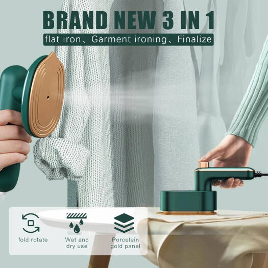 3-in-1 iron with text indicating its functions on a neutral background