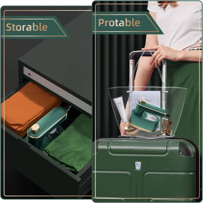Green suitcase with storage compartment and person using it, labeled 'Storable' and 'Portable'.