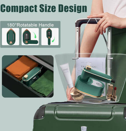 Green suitcase with 180-degree rotatable handle, showing its compact size and ease of use.